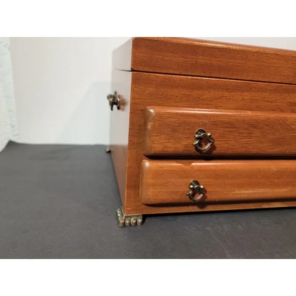 Vintage Wooden Jewelry Box Chest Organizer Yellow Felt Lined 2 Drawer Open Top - Picture 6 of 16
